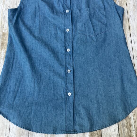 Kal Rieman Top Shirt Sz S Blue Chambray Sleeveless Button Up Western Casual - Picture 8 of 9